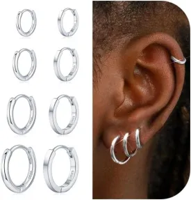 8 Pairs Silver Hoop Earrings Small Silver Huggies Earrings for Women,925 Sterling Silver Hoops Cartilage Earrings Piercings Men Dainty Cute Tiny Hypoallergenic 6mm/8mm/10mm/12mm Gift