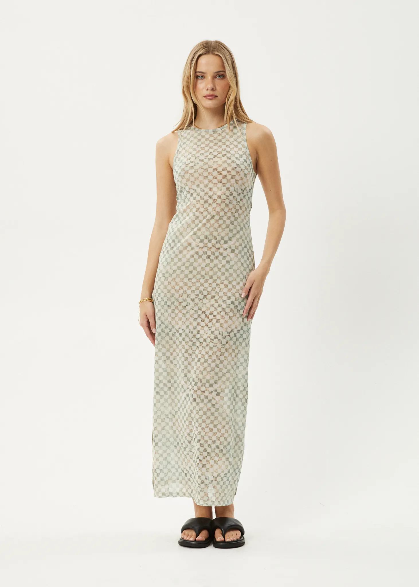 AFENDS Womens Glasshouse - Sheer Maxi Dress - Sand Checker