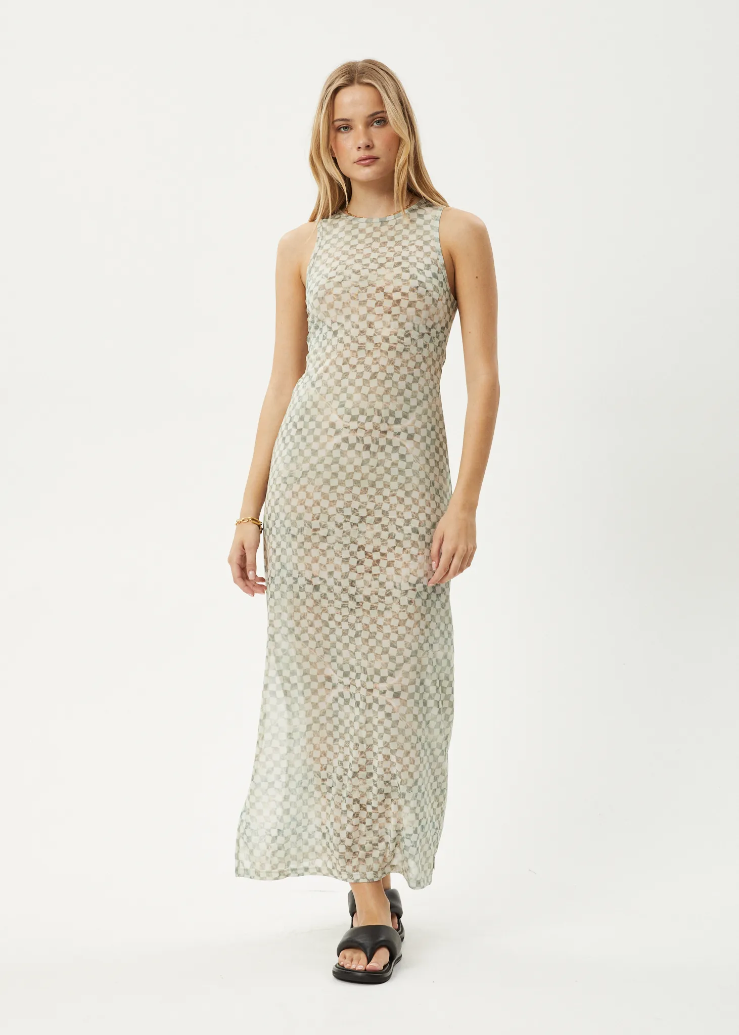 AFENDS Womens Glasshouse - Sheer Maxi Dress - Sand Checker