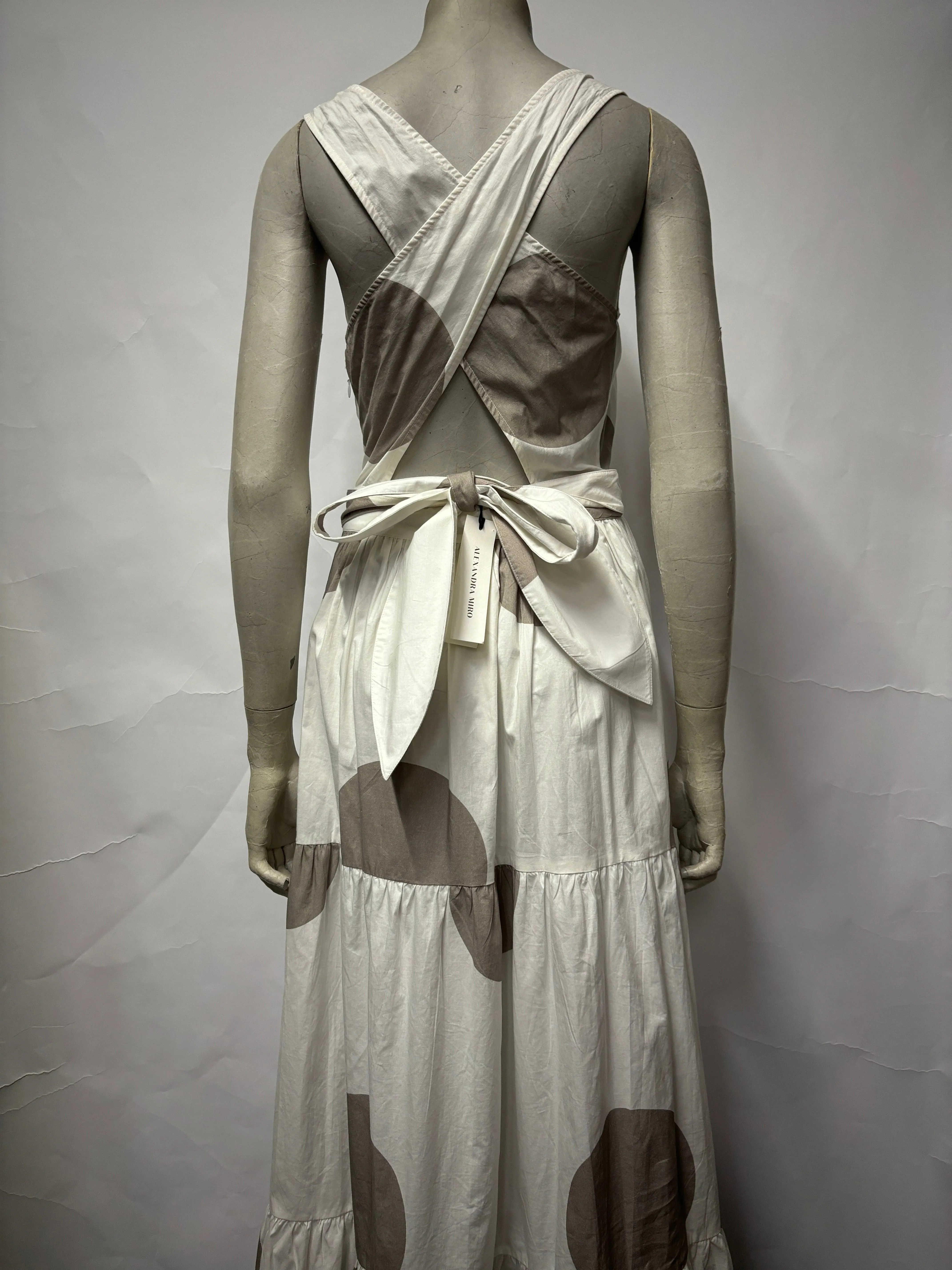 Alexandra Miro White and Grey Cotton Halter Neck Maxi Dress Small
