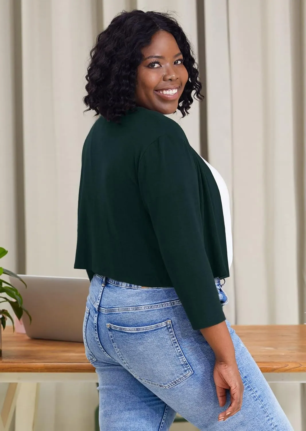 AusLook Women's Plus Size Shrug 3/4 Sleeve Lightweight Open Front Knit Cropped Bolero Cardigan Sweater 1X-5X