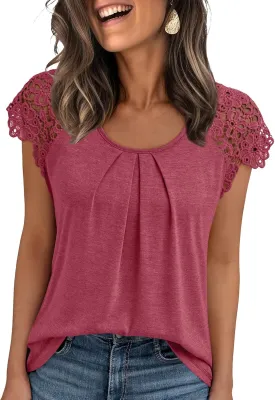 AUTOMET Womens Lace Tops Pleated Short Sleeve Shirts Summer Business Casual Dressy Blouses