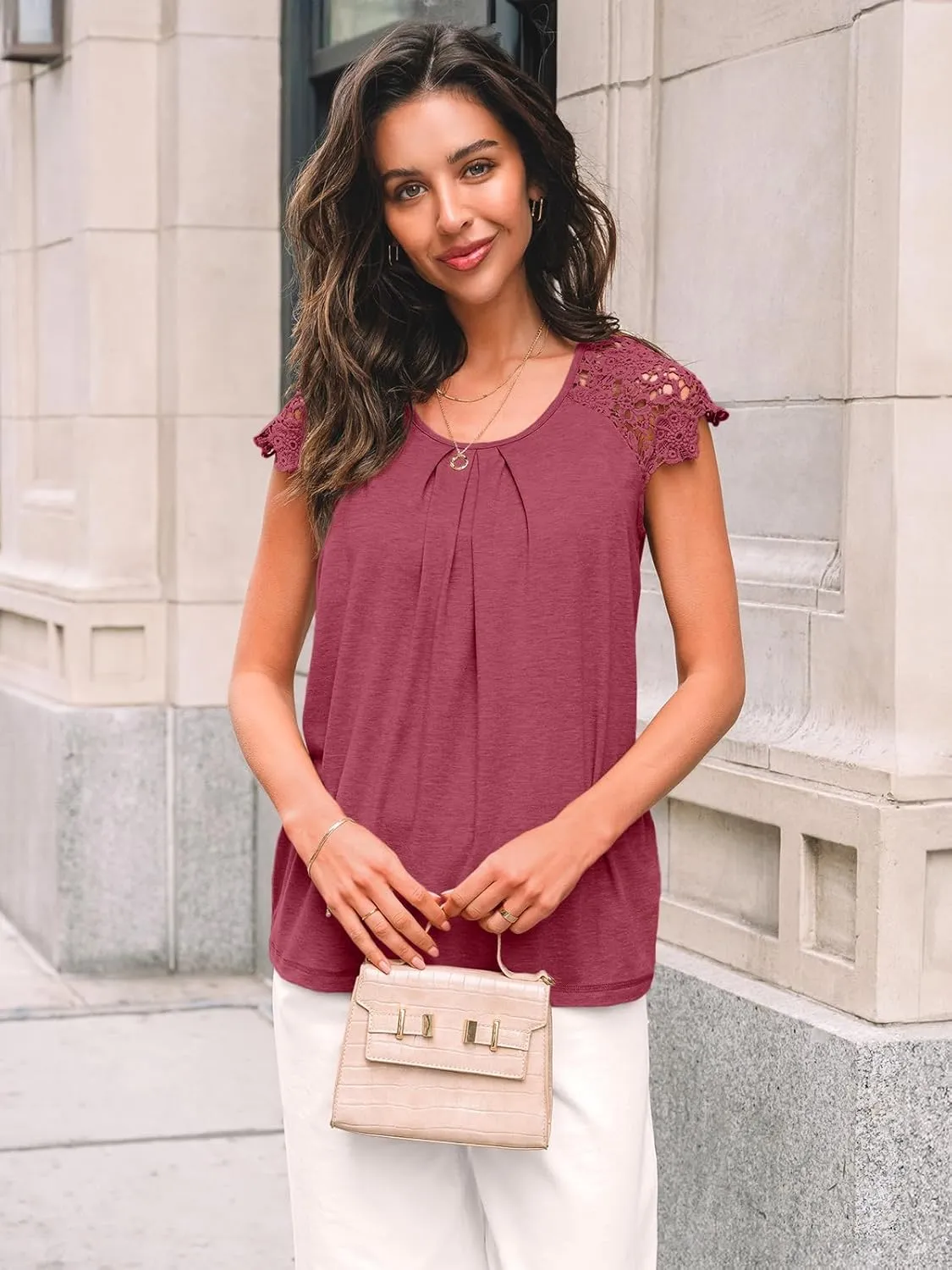 AUTOMET Womens Lace Tops Pleated Short Sleeve Shirts Summer Business Casual Dressy Blouses