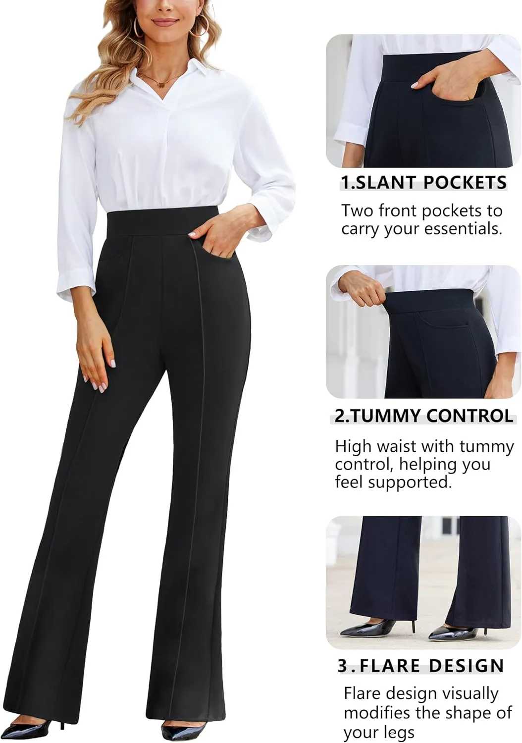 BANETTETA Women's Pull-on Stretchy Dress Pants with Tummy Control/High Waist Slacks with Pockets for Business Casual