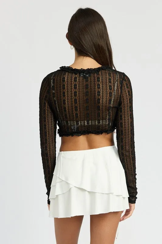 Black Lace front Tue crop top long sleeve cover up see through shirt womens fashion