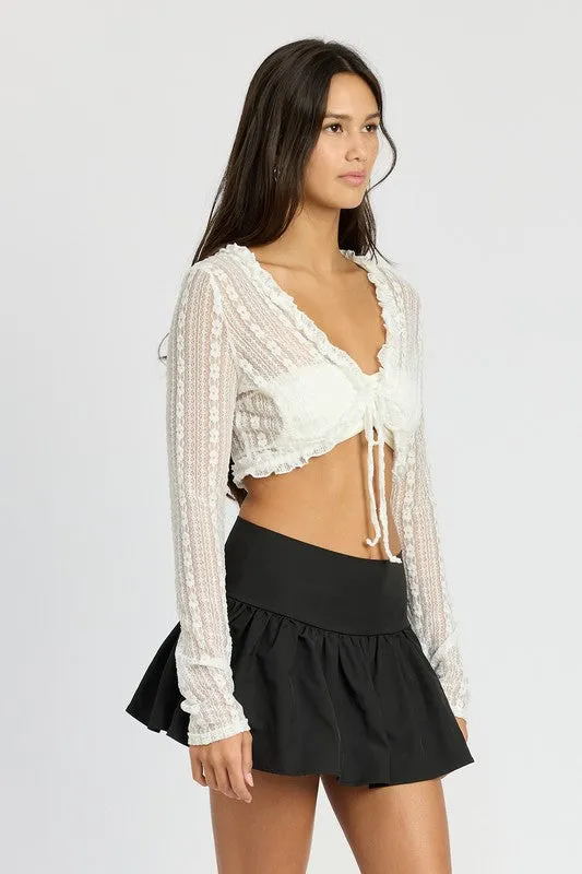 Black Lace front Tue crop top long sleeve cover up see through shirt womens fashion