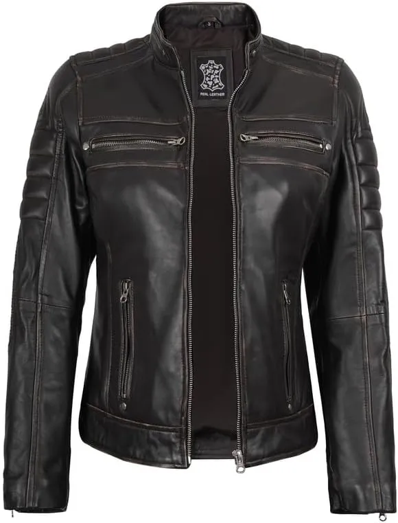 Blingsoul Cafe Racer Leather Jacket Womens - Real Lambskin Leather Jackets for Women