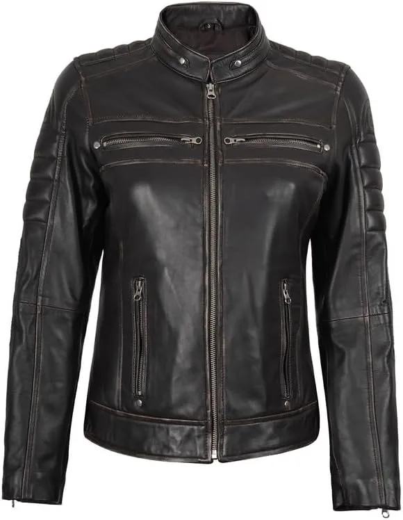 Blingsoul Cafe Racer Leather Jacket Womens - Real Lambskin Leather Jackets for Women