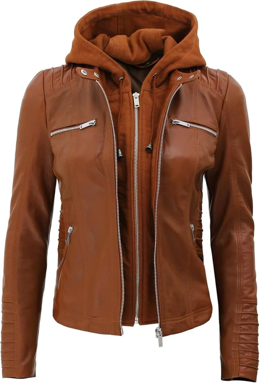 Blingsoul Leather Jacket Women - Real Lambskin Womens Leather Jackets with Removable Hood