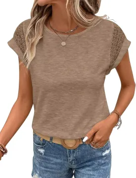 Bliwov Womens Tops Lace Cap Sleeve T Shirts Casual Trendy Cute Summer Spring Outfits Plus Size Beach Vacation Fashion Clothes