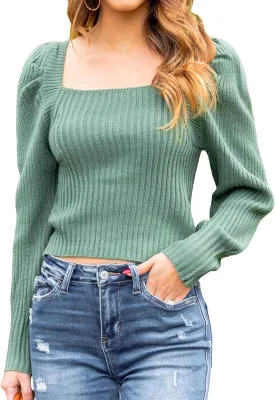 Blooming Jelly Women's Square Neck Knit Cute Sweaters Long Sleeve Dressy Casual Pullover Cozy Tie Back Tops