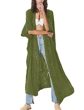 Bsubseach Embroidery Bathing Suit Cover Ups for Women Half Sleeve Beach Kimono Swimsuit Coverup Army Green