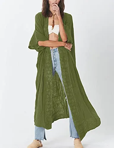 Bsubseach Embroidery Bathing Suit Cover Ups for Women Half Sleeve Beach Kimono Swimsuit Coverup Army Green