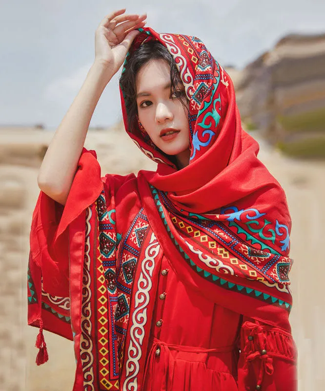 Casual Red Tasseled Print Cotton Travelling Scarf