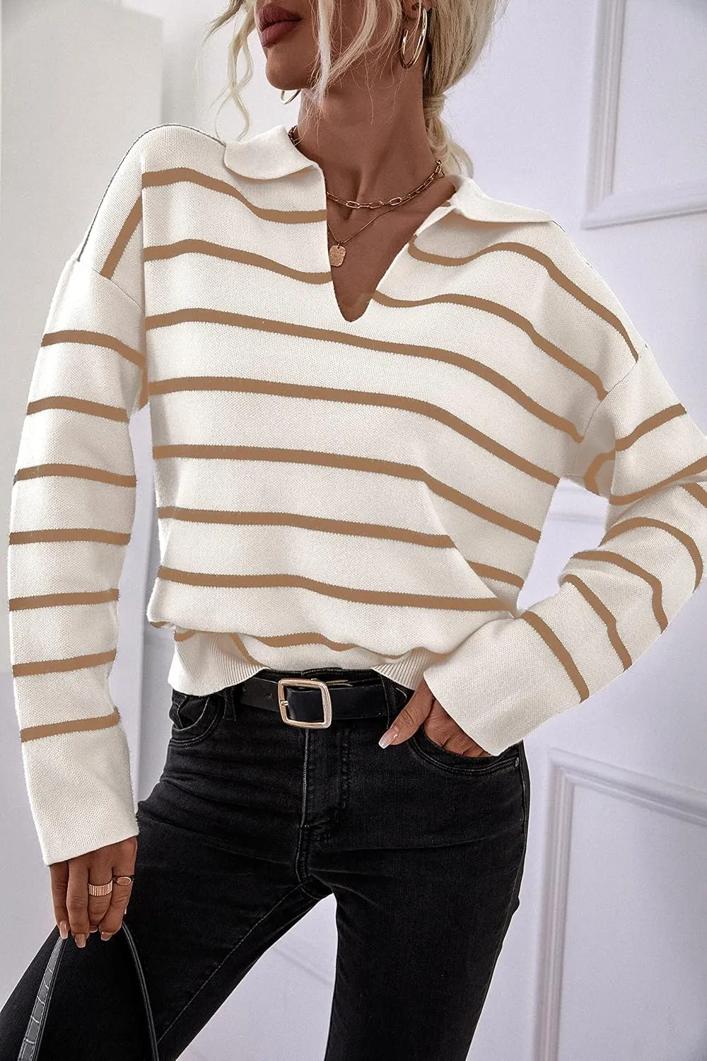CFLONGE Women's Casual Striped Long Sleeve Polo V Neck Lightweight Pullover Sweater Loose Fit Drop Shoulder Knitted Shirt Top