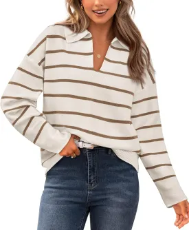 CFLONGE Women's Casual Striped Long Sleeve Polo V Neck Lightweight Pullover Sweater Loose Fit Drop Shoulder Knitted Shirt Top