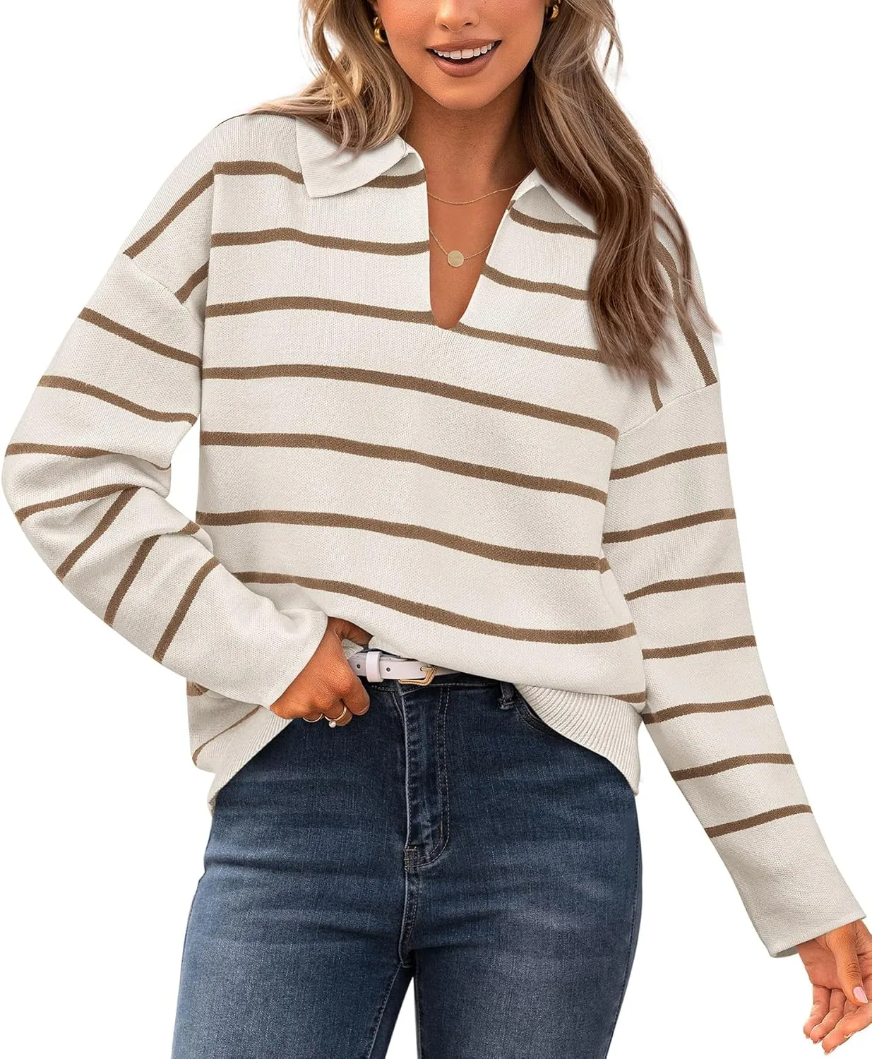 CFLONGE Women's Casual Striped Long Sleeve Polo V Neck Lightweight Pullover Sweater Loose Fit Drop Shoulder Knitted Shirt Top