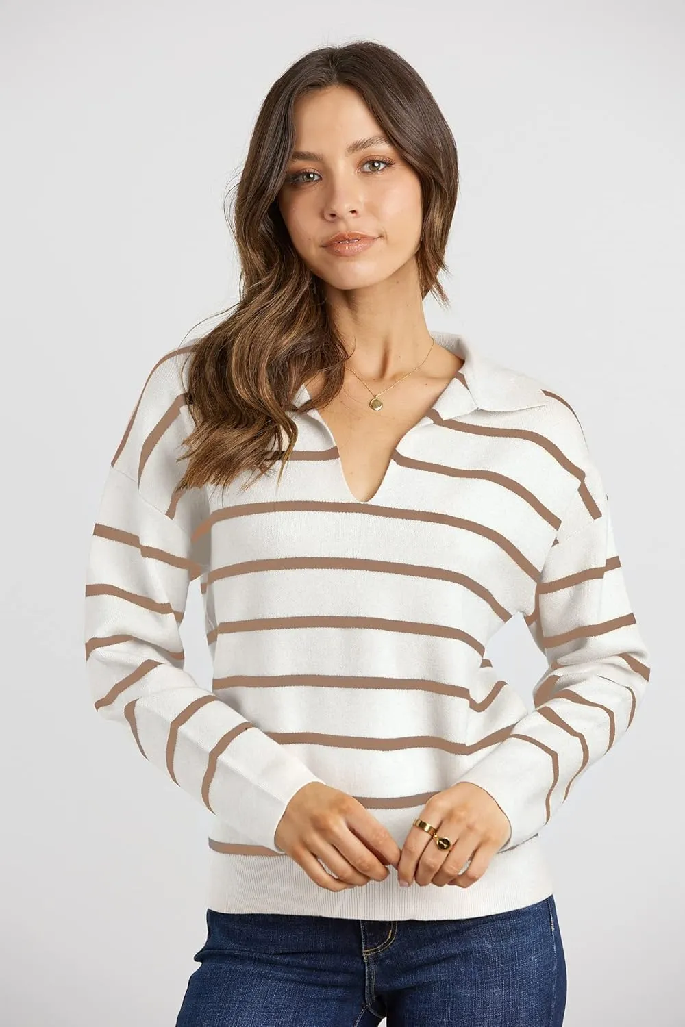 CFLONGE Women's Casual Striped Long Sleeve Polo V Neck Lightweight Pullover Sweater Loose Fit Drop Shoulder Knitted Shirt Top
