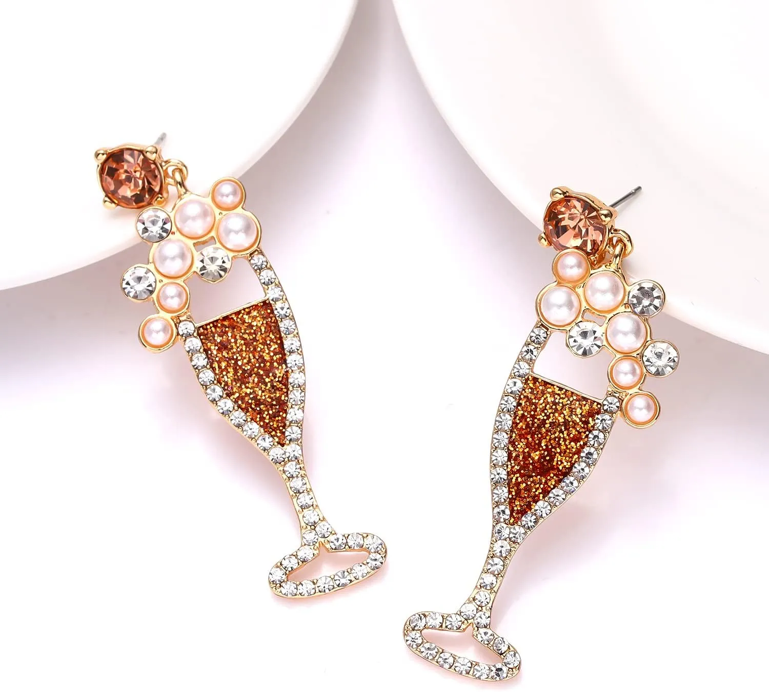 Champagne Wine Glass Earrings for Women Glitter Rhinestone Champagne Flute Earrings Pearl Beaded Dangle Drop Earrings for Party Holiday Celebration Gifts