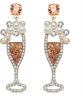 Champagne Wine Glass Earrings for Women Glitter Rhinestone Champagne Flute Earrings Pearl Beaded Dangle Drop Earrings for Party Holiday Celebration Gifts