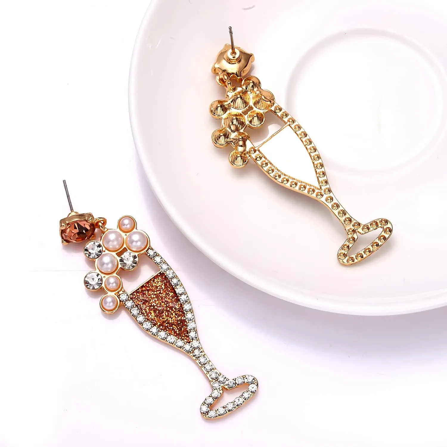 Champagne Wine Glass Earrings for Women Glitter Rhinestone Champagne Flute Earrings Pearl Beaded Dangle Drop Earrings for Party Holiday Celebration Gifts