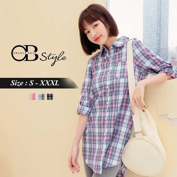 CHECKED LONG SLEEVE LONGLINE BUTTON TUNIC SHIRTS