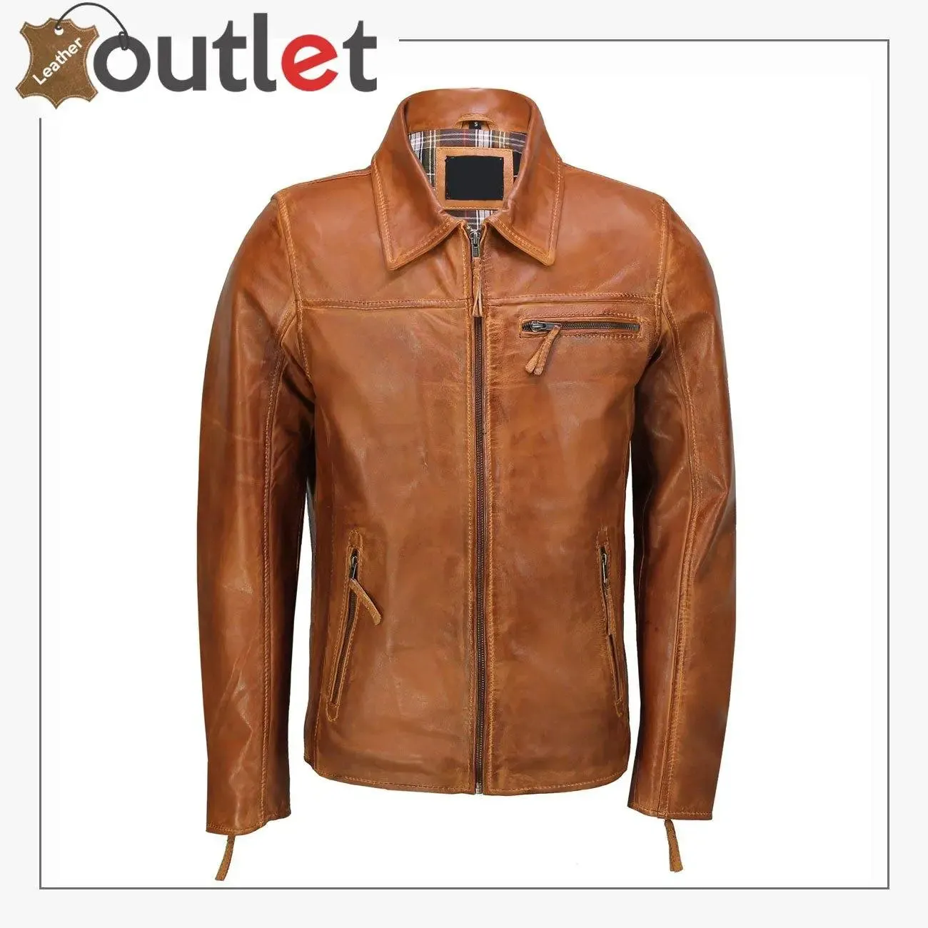 Classic Collar Retro Zip Up Biker Style Smart Slim Fit Mens Real Leather Jacket