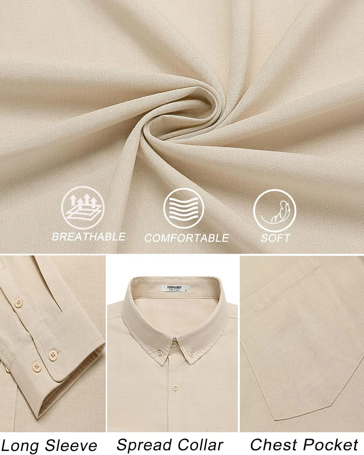 COOFANDY Men's Long Sleeve Button Down Shirts Casual Cotton Linen Shirts Summer Beach Shirt with Pocket