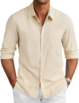 COOFANDY Men's Long Sleeve Button Down Shirts Casual Cotton Linen Shirts Summer Beach Shirt with Pocket