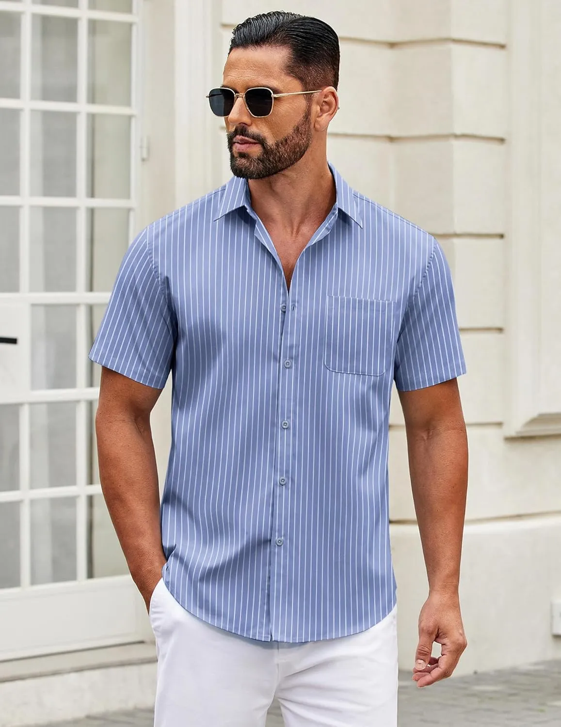 COOFANDY Mens Short Sleeve Casual Button Down Shirts Summer Untucked Dress Shirts with Pocket