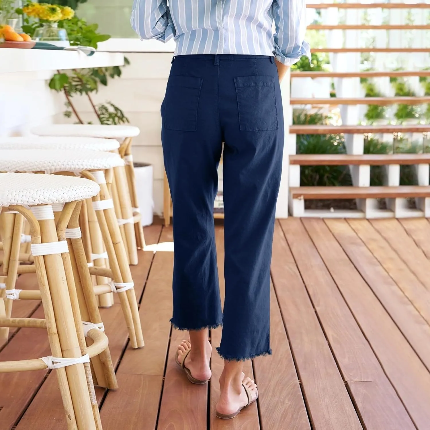 Cotton Linen Cropped Pants Women Straight Leg Capris Summer Business Casual Work Pants Ankle Length Chino Trousers
