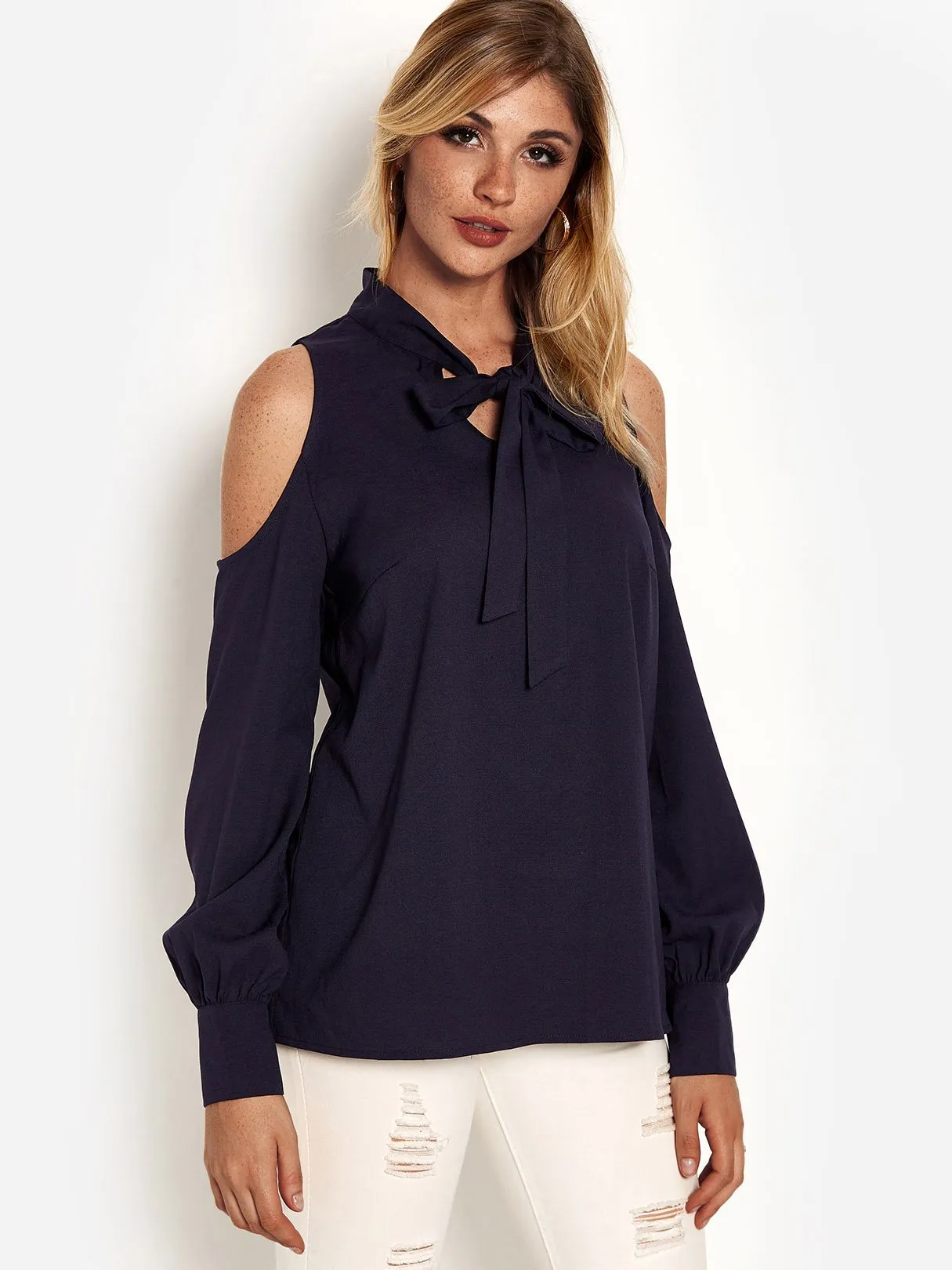 Custom Cold Shoulder Long Sleeve Navy Top