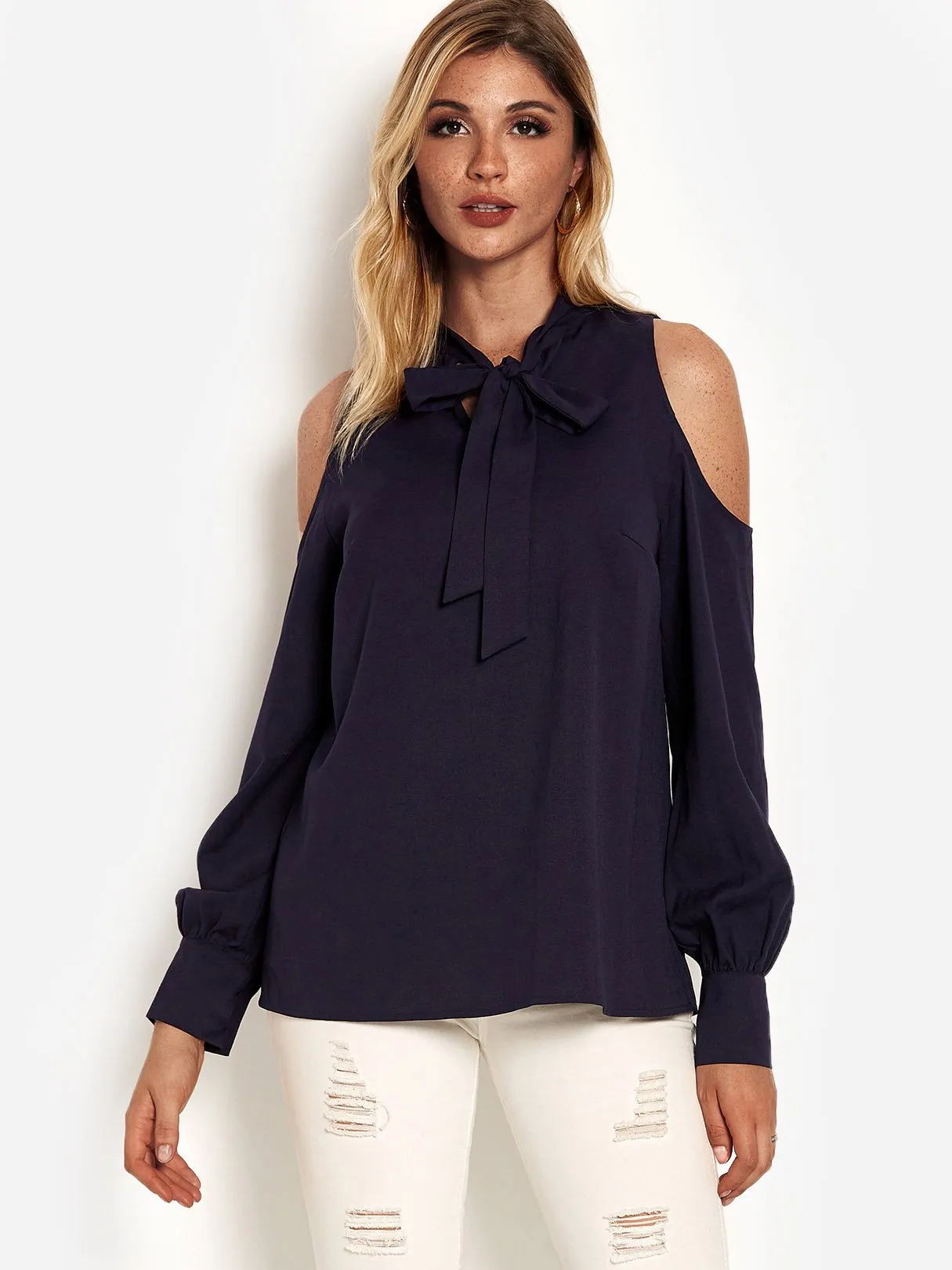 Custom Cold Shoulder Long Sleeve Navy Top
