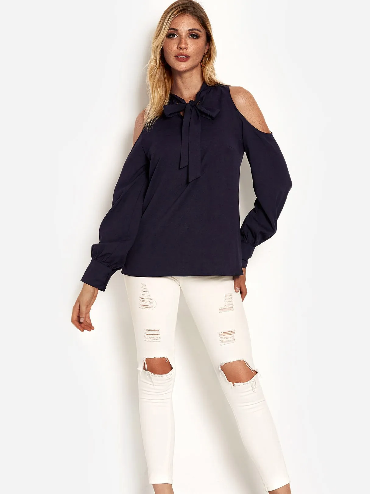 Custom Cold Shoulder Long Sleeve Navy Top
