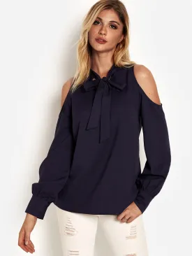 Custom Cold Shoulder Long Sleeve Navy Top