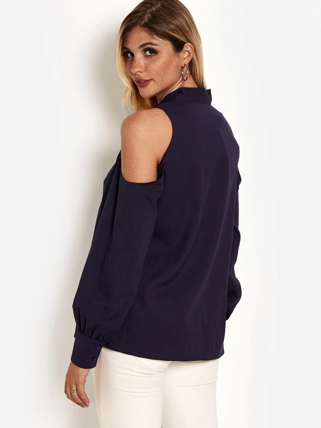 Custom Cold Shoulder Long Sleeve Navy Top