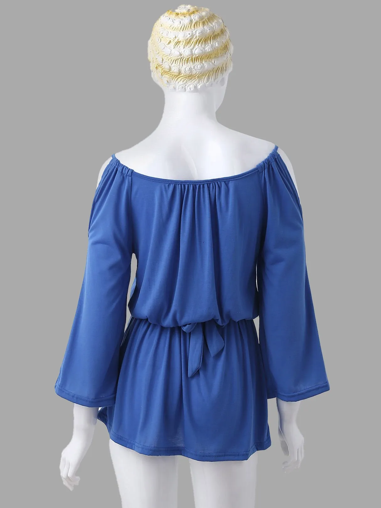 Custom Round Neck Cold Shoulder Pleats Waist Strap Long Sleeve T-Shirts