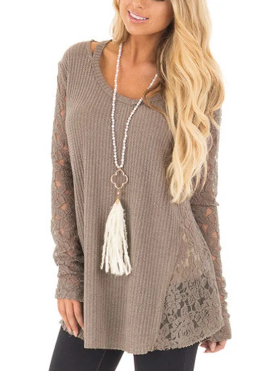 Custom Round Neck Lace Hollow Long Sleeve Khaki Top