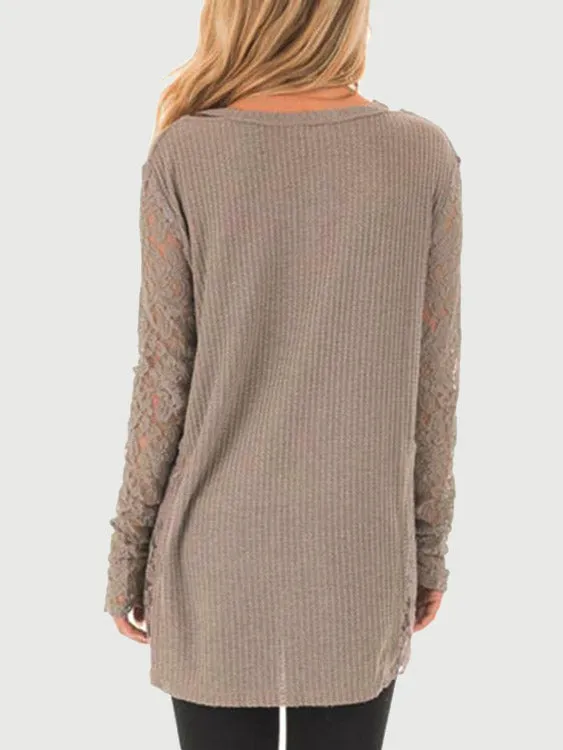 Custom Round Neck Lace Hollow Long Sleeve Khaki Top