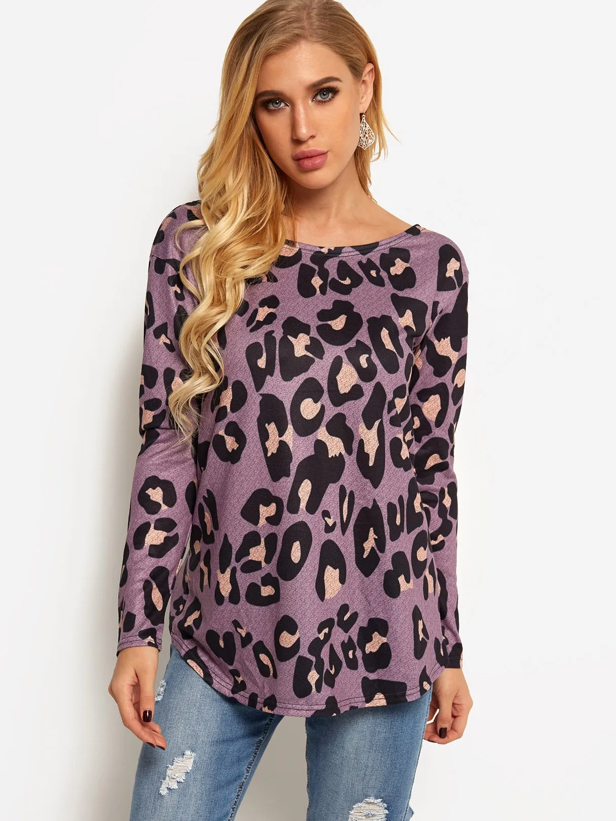 Custom Round Neck Leopard Long Sleeve T-Shirts