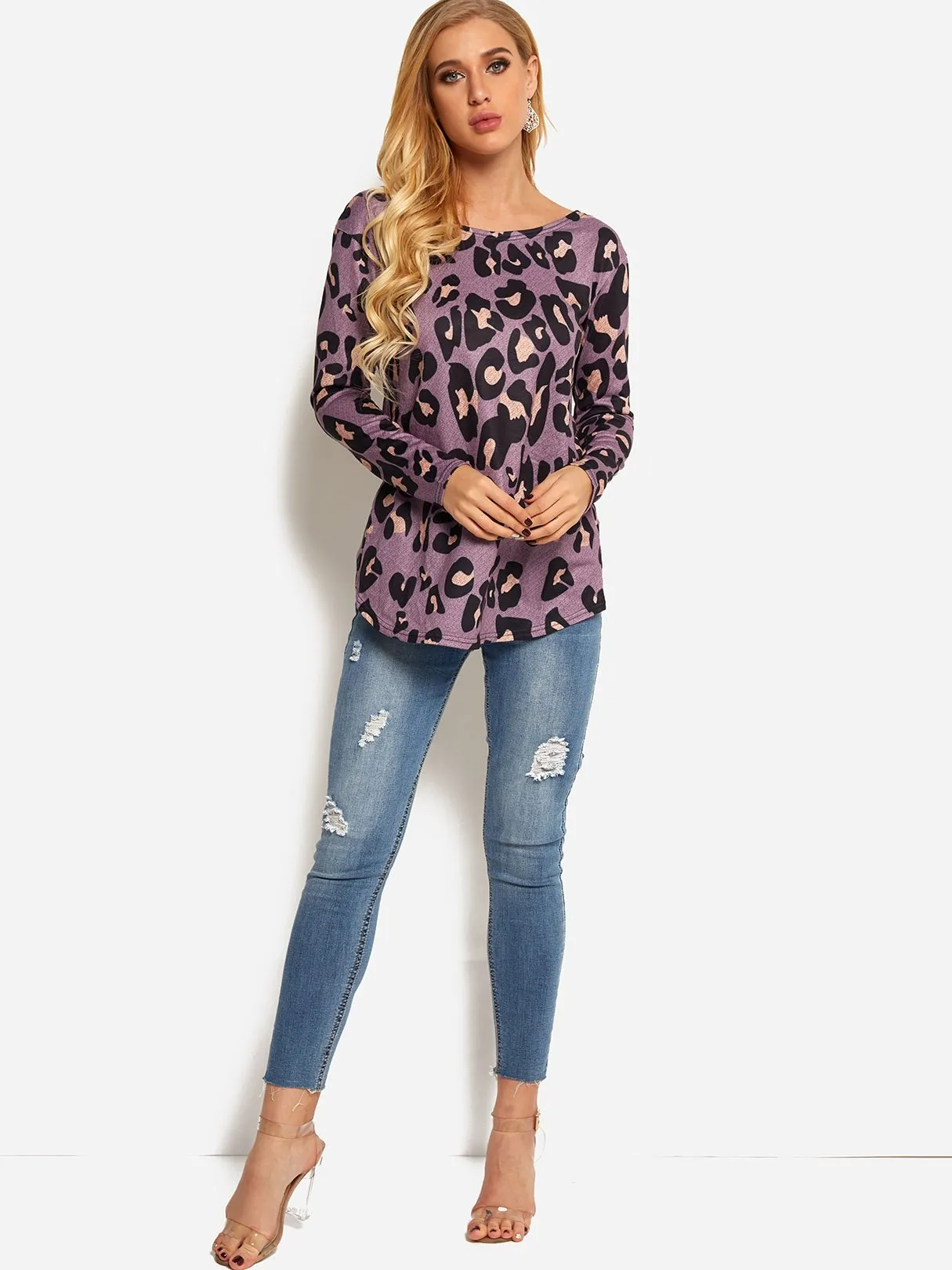 Custom Round Neck Leopard Long Sleeve T-Shirts