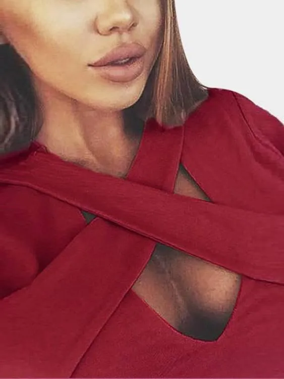 Custom V-Neck Crossed Front Long Sleeve Darkred T-Shirts