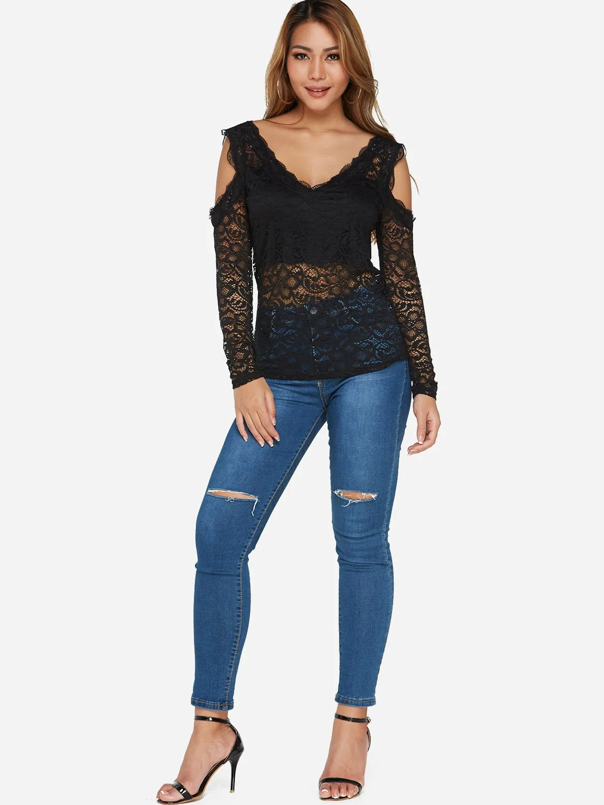 Custom V-Neck Lace Backless Hollow Long Sleeve Black T-Shirts