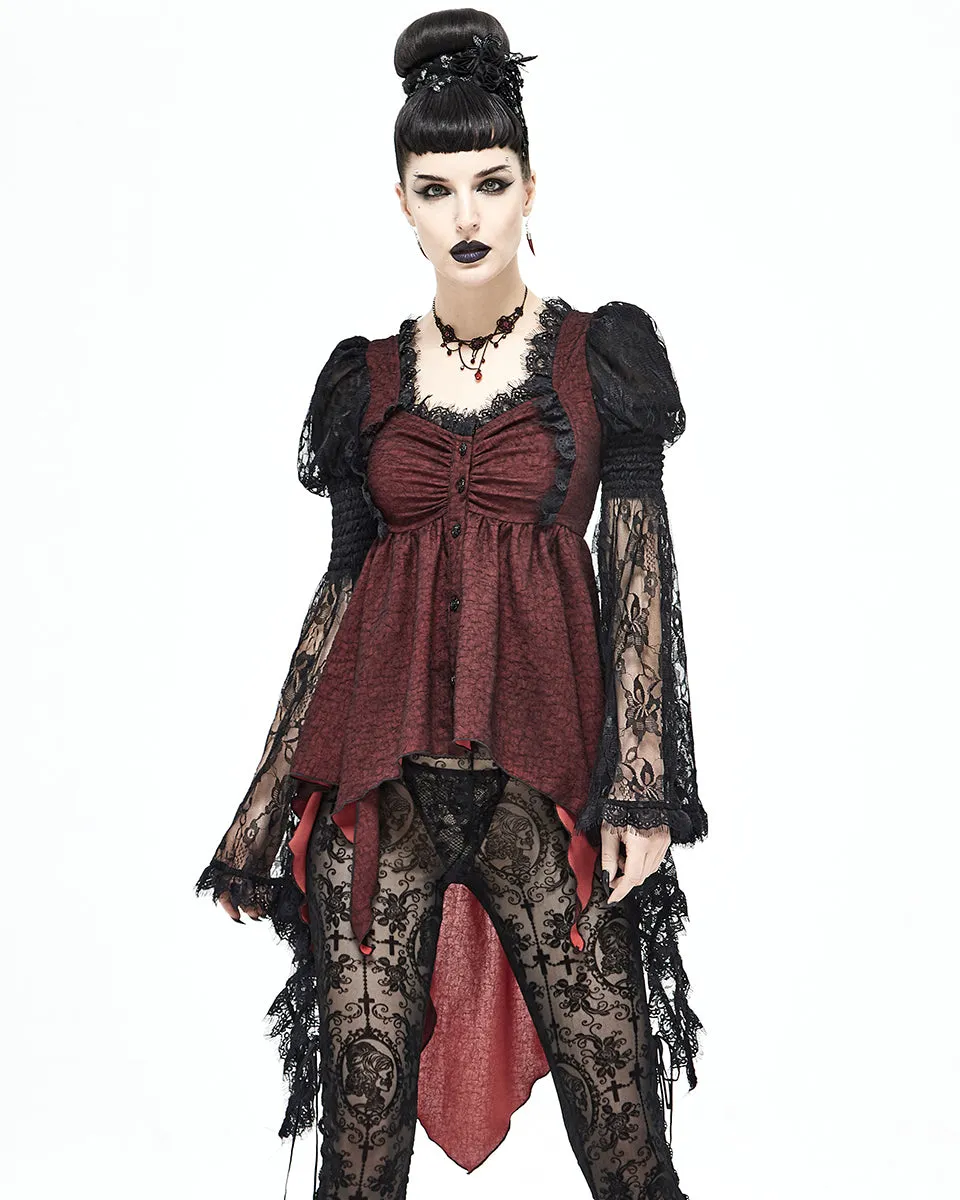 Devil Fashion Crimsonique Womens Gothic Chiffon Blouse Top - Red & Black