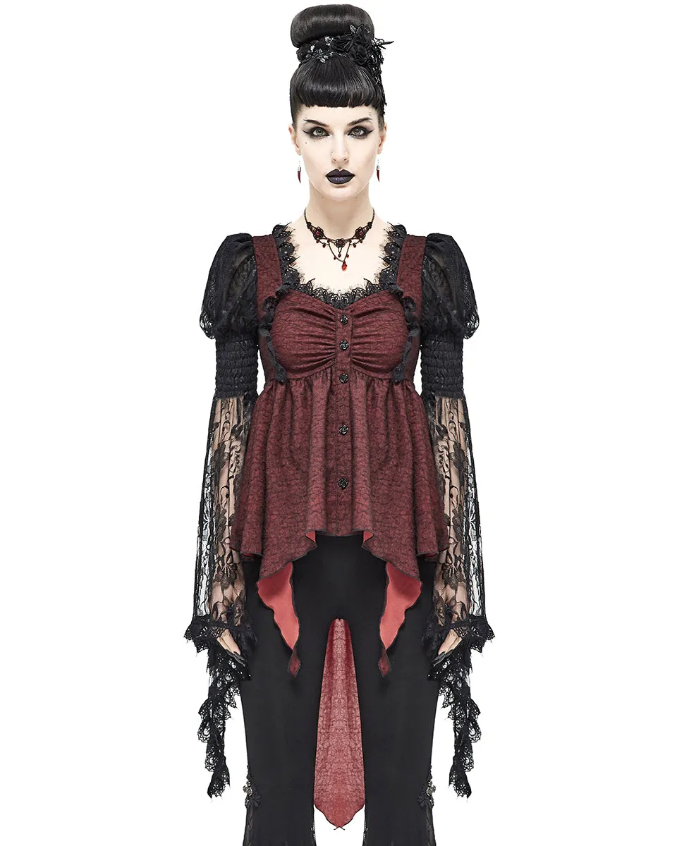 Devil Fashion Crimsonique Womens Gothic Chiffon Blouse Top - Red & Black