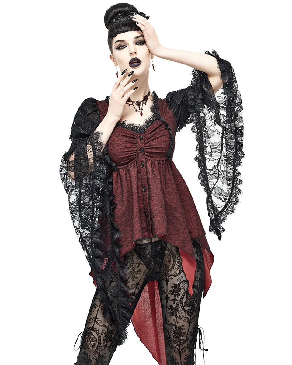 Devil Fashion Crimsonique Womens Gothic Chiffon Blouse Top - Red & Black