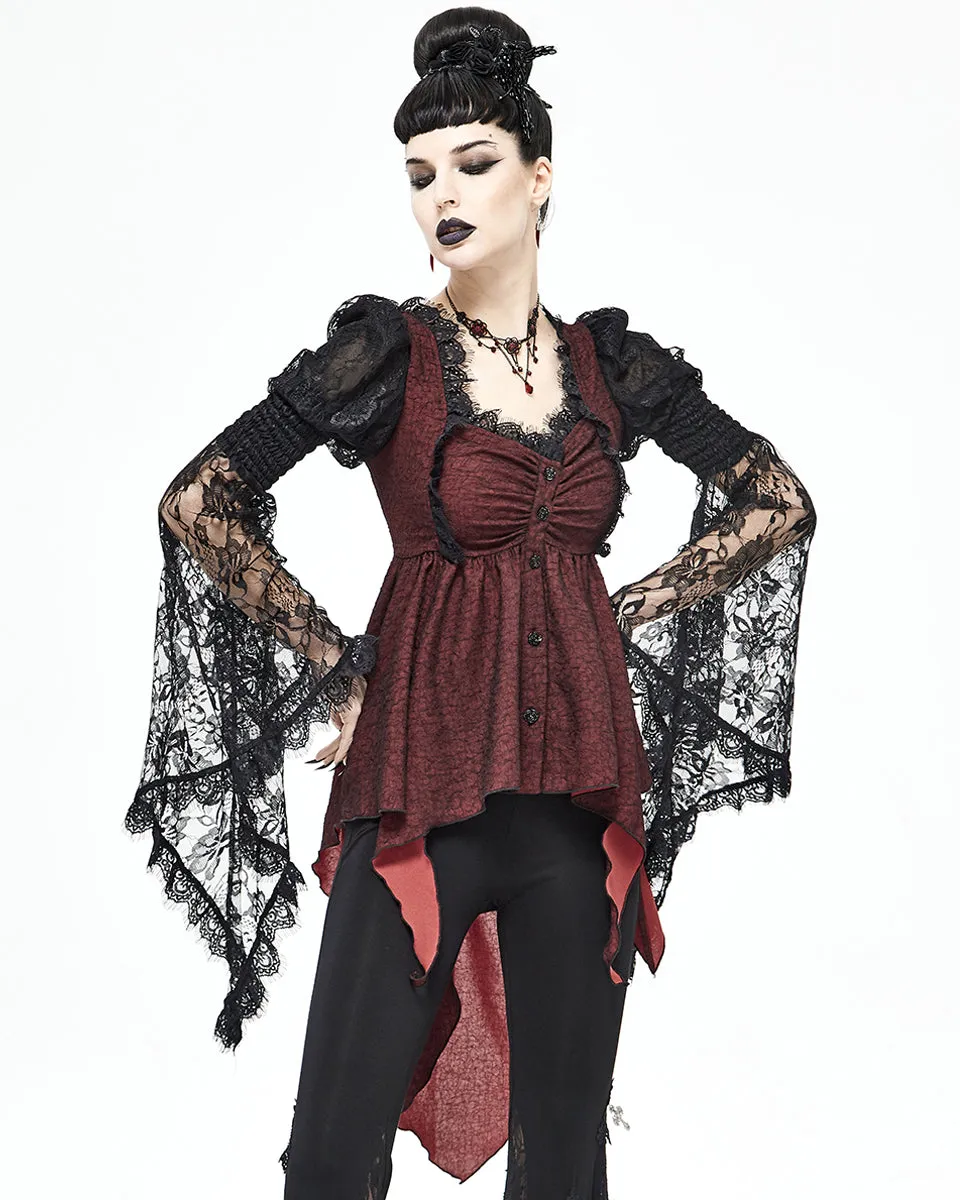 Devil Fashion Crimsonique Womens Gothic Chiffon Blouse Top - Red & Black