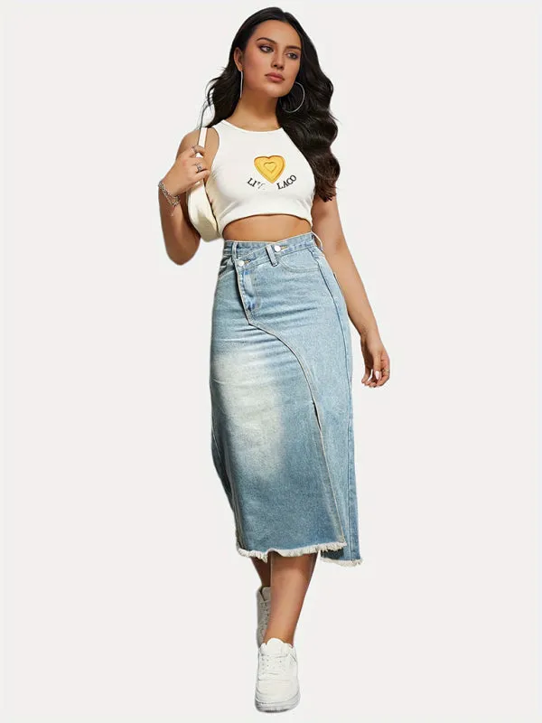 Distressed Washed Denim Slit Skirt with High Waist Twist