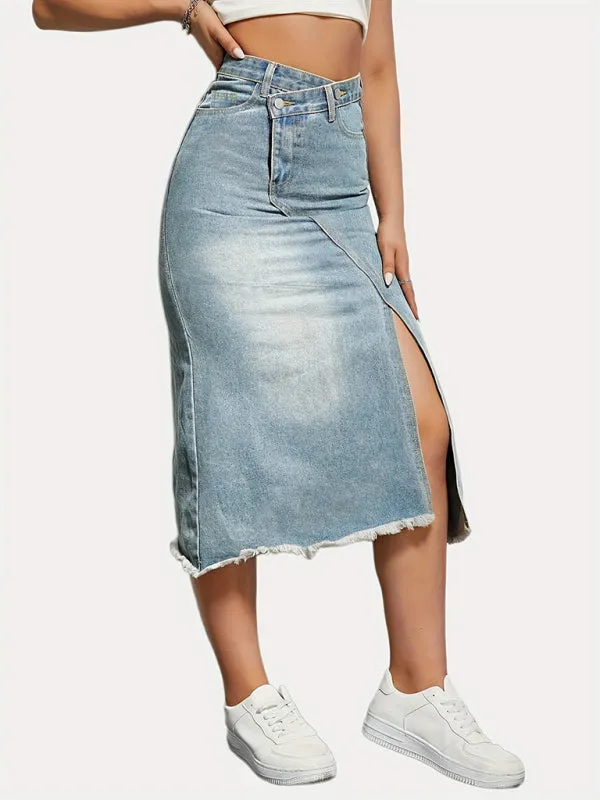 Distressed Washed Denim Slit Skirt with High Waist Twist