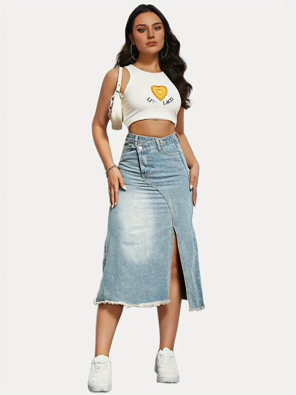 Distressed Washed Denim Slit Skirt with High Waist Twist